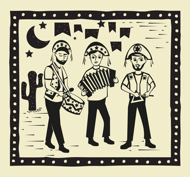 Musicians playing in Festa Junina vector. Traditional Brazilian music concept. Woodcut style illustration. 