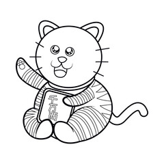 Isolated kawaii asian cat. Neko with one hand up