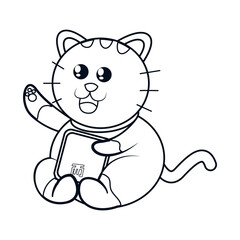 Isolated kawaii asian cat. Neko with one hand up