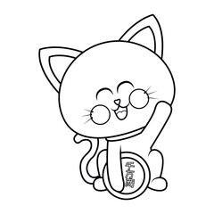 Fototapeta premium Isolated kawaii asian cat. Neko with one hand up
