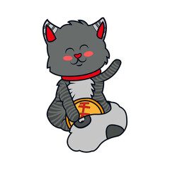 Isolated kawaii asian cat. Neko with one hand up