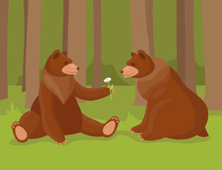 Cartoon brown bear giving flower to his love. Illustration of bears, wild nature forest predator animals and sitting bear in love. Animals, love, romance concept for banner or advertisement