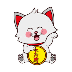 Isolated kawaii asian cat. Neko with one hand up