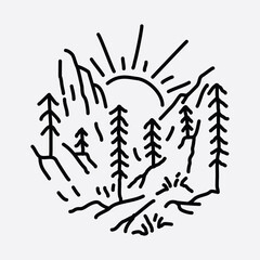 Camping nature adventure wild line badge patch pin graphic illustration vector art t-shirt design