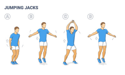 Obraz premium Guy Doing Jumping Jacks Home Workout Exercise Diagram. Athletic Man Star Jumps Fitness Illustration.