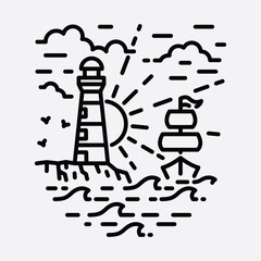 Beach nature lighthouse adventure wild line badge patch pin graphic illustration vector art t-shirt design