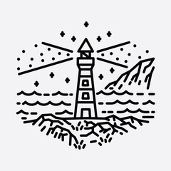 Beach nature lighthouse adventure wild line badge patch pin graphic illustration vector art t-shirt design