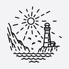 Fototapeta premium Beach nature lighthouse adventure wild line badge patch pin graphic illustration vector art t-shirt design