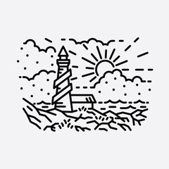 Beach nature lighthouse adventure wild line badge patch pin graphic illustration vector art t-shirt design