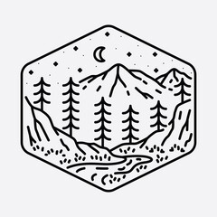 Camping nature adventure wild line badge patch pin graphic illustration vector art t-shirt design