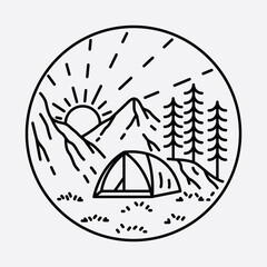 Camping nature adventure wild line badge patch pin graphic illustration vector art t-shirt design