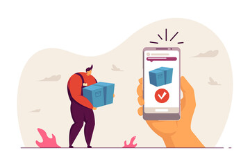 Delivery man holding box. Phone in hand with notification about package arriving flat vector illustration. Delivery service or application concept for banner, website design or landing web page