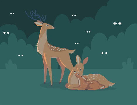 Deer family at night cartoon illustration. Male deer looking around cautiously, female and baby lying on grass. Eyes of predators hiding in bushes. Wildlife concept for website design or landing page