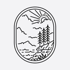 Camping nature adventure wild line badge patch pin graphic illustration vector art t-shirt design
