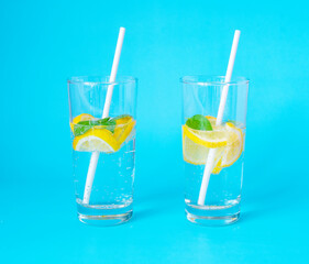 Citrus lemonade with lime and mint, selective focus