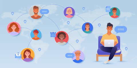 Online communication around the world with a man using laptop and people icons. Online webinar. Group chat. Online networking concept vector illustration.