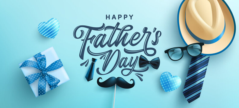 Father's Day poster or banner template with hat,necktie and gift box on blue background.Greetings and presents for Father's Day in flat lay styling.Promotion and shopping template for love dad - Powered by Adobe
