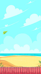 Fototapeta na wymiar Vertical game field. Green paper airplane flying in the clouds