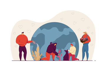 Group of people taking care of Earth. Tiny characters watering and growing plants, harvesting flat vector illustration. Reforestation, agriculture, ecology concept for banner, website design