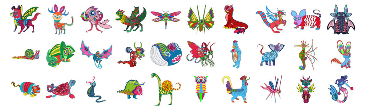 Set of different mexican alebrije characters