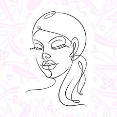 International Women's Day minimal design line drawing style. Portrait of young woman beauty face isolated on pastel leaf background. Vector for Spa, fashion, hairdressing and beautiful artwork design.
