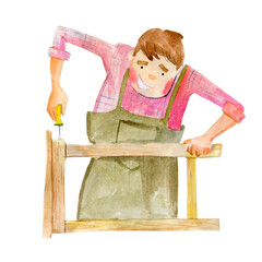A carpenter makes furniture. Watercolour illustration - obrazy, fototapety, plakaty
