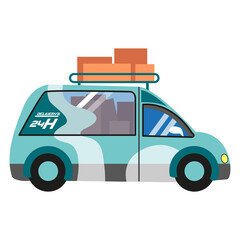 Isolated delivery car with packages and text