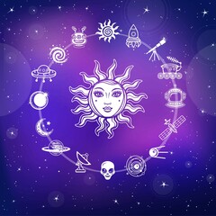 Fototapeta premium Space drawing: the sun with a human face, set of technological icons. Background - the night star sky. Print, poster, t-shirt, card. Vector illustration.