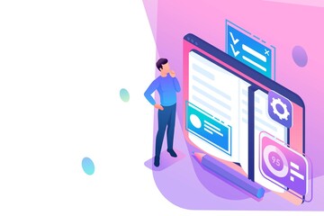 Isometry Web Design Template. Man is Studying Educational Material on a Tablet. Online Learning. Vector Illustration