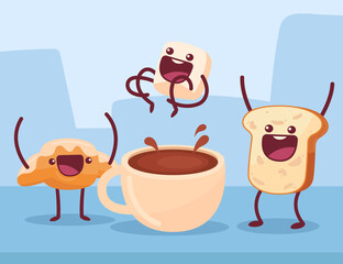Pastry having fun cartoon illustration. Croissant and toast cheering up marshmallow jumping to cup of coffee. Funny cartoon characters. Bakery, breakfast concept for banner or advertisement