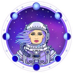 Animation woman Astronaut in a space suit. Color drawing. Background - the night star sky, circle phase of the moon.  Vector illustration.  Print, poster, t-shirt, card.