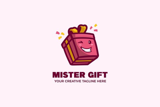Happy Gift Box Cartoon Mascot Logo Template