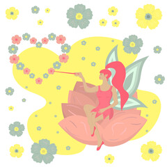 Flower Fairy sitting on the flower.  Beautiful cute fairy with pink hair holding a magic wand. Beautiful flowers around her. 