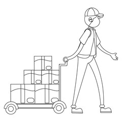 Isolated delivery guy with packages on a cart