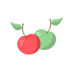 Two apples with leaves, red and green. Fruit design elements. Flat Icon for Food Apps and Websites. 