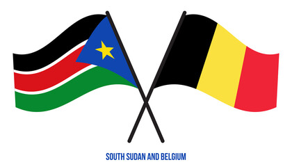 South Sudan and Belgium Flags Crossed And Waving Flat Style. Official Proportion. Correct Colors.