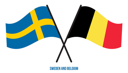 Sweden and Belgium Flags Crossed And Waving Flat Style. Official Proportion. Correct Colors.