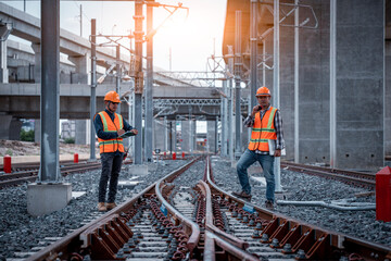 Engineer under discussion inspection and checking construction process railway switch and checking...