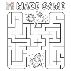 Maze puzzle game for children. Outline maze or labyrinth game with rocket.