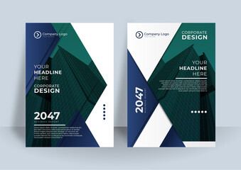 Modern blue green white gold abstract cover design template in A4 size. Business presentation vector A4 vertical orientation front page mock up set. Corporate report cover abstract geometric vector