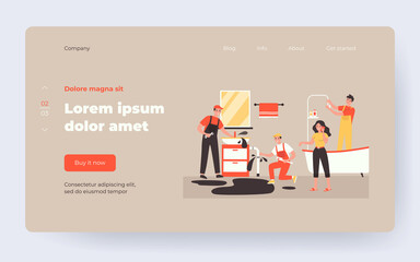 Professional plumber team trying to stop house flooding flat vector illustration. Cartoon workers plumbing in bathroom. Repair service and emergency maintenance concept