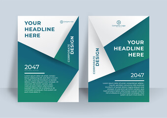 Modern dark blue and green white brochure template flyer design vector background. Modern blue and black design template for poster flyer brochure cover. Graphic design layout with triangle shapes
