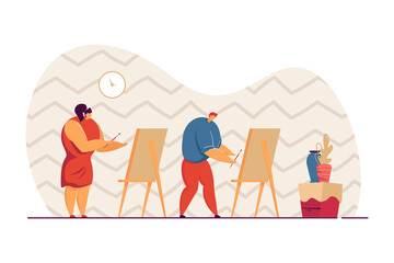 Boy and girl drawing vases in art class. Male and female characters painting on canvas on easel with brush flat vector illustration. Art, education concept for banner, website design or landing page