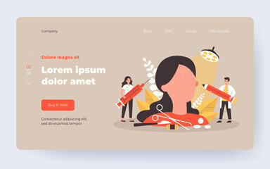 Tiny surgeons preparing abstract face for plastic surgery flat vector illustration. Cartoon medical aid cosmetic procedure and examination of patient. Healthcare and beauty correction concept