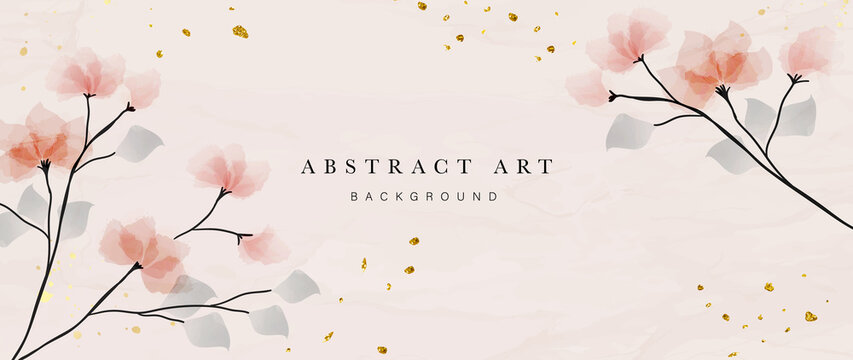 Abstract art botanical pink background vector. Luxury wallpaper with pink and earth tone watercolor, leaf, flower, tree and gold glitter. Minimal Design for text, packaging, prints, wall decoration.
