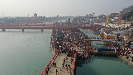 Pilgrims Holy dip in river Ganges, The Home of Pilgrims in India, Kumbh Nagri Haridwar Uttarakhand...