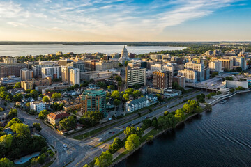 Fototapeta premium Aerial view of Madison city downtown at sunset