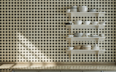 Warm morning kitchen scene, wall hung kitchen shelf with sunshine, ceramic small diamond tiles wall 3d rendering