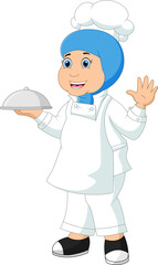 cartoon girl chef carrying food tray