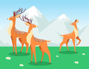 Deer grazing in cartoon style. Herd of deer on meadow with green grass and white flowers. Mountains and blue sky on background. Wildlife concept for website design or landing page
